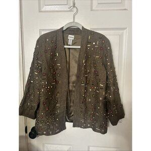 Chico's women Lurex Linen Open Front Blazer Size 2L Gold Embellished Embroidery